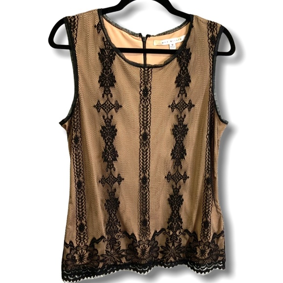 MAX STUDIO Sheer Black Lace Over Cream Sleeveless Tank Top Size M - Picture 1 of 8